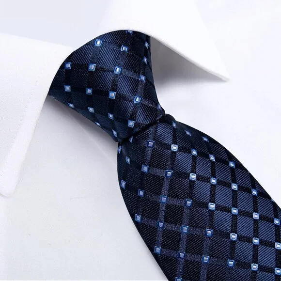 🆕Men Blue Plaid Silk Checkered Necktie Pocket Square Cufflinks Tie Clip Set